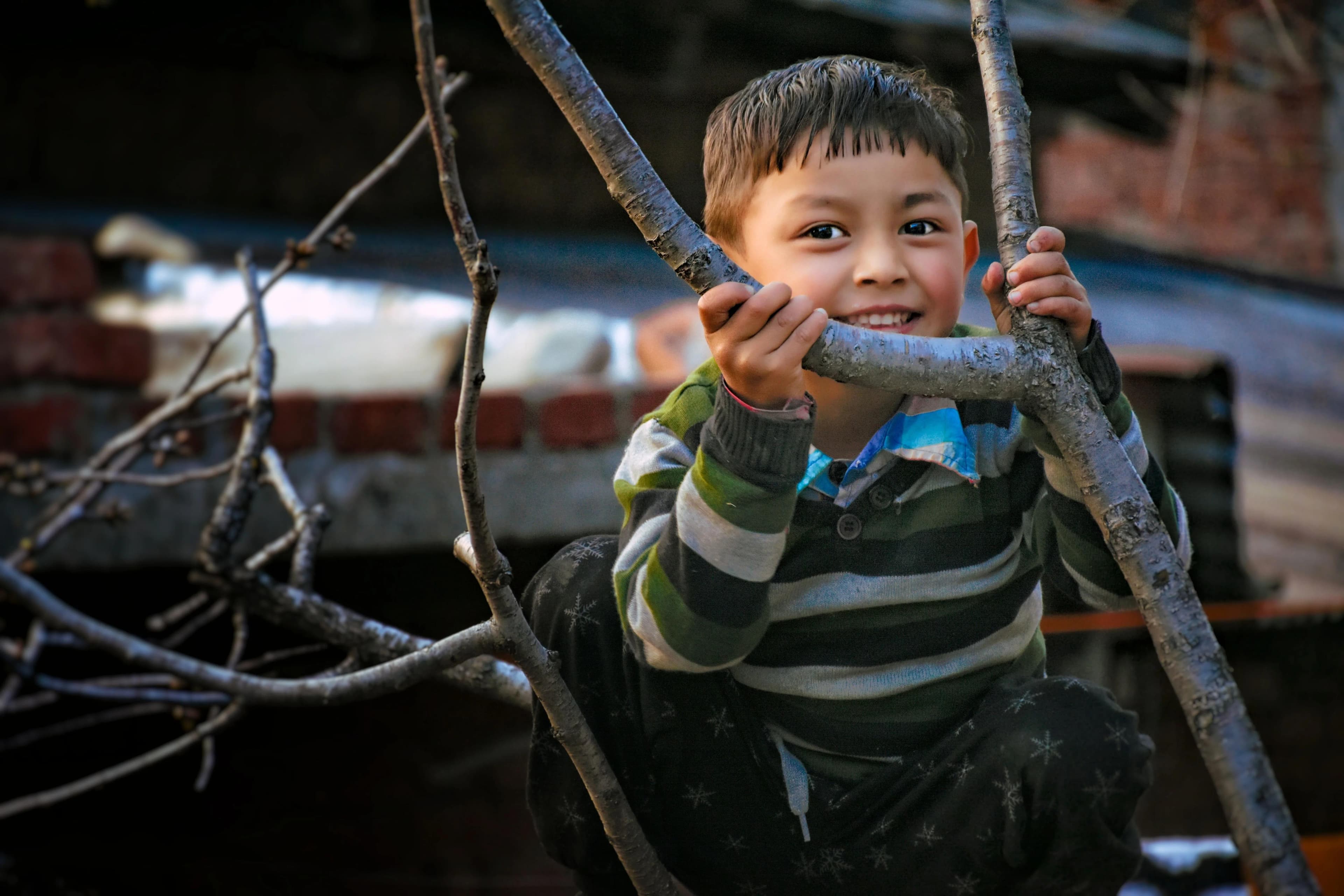 Kid playing in the woods